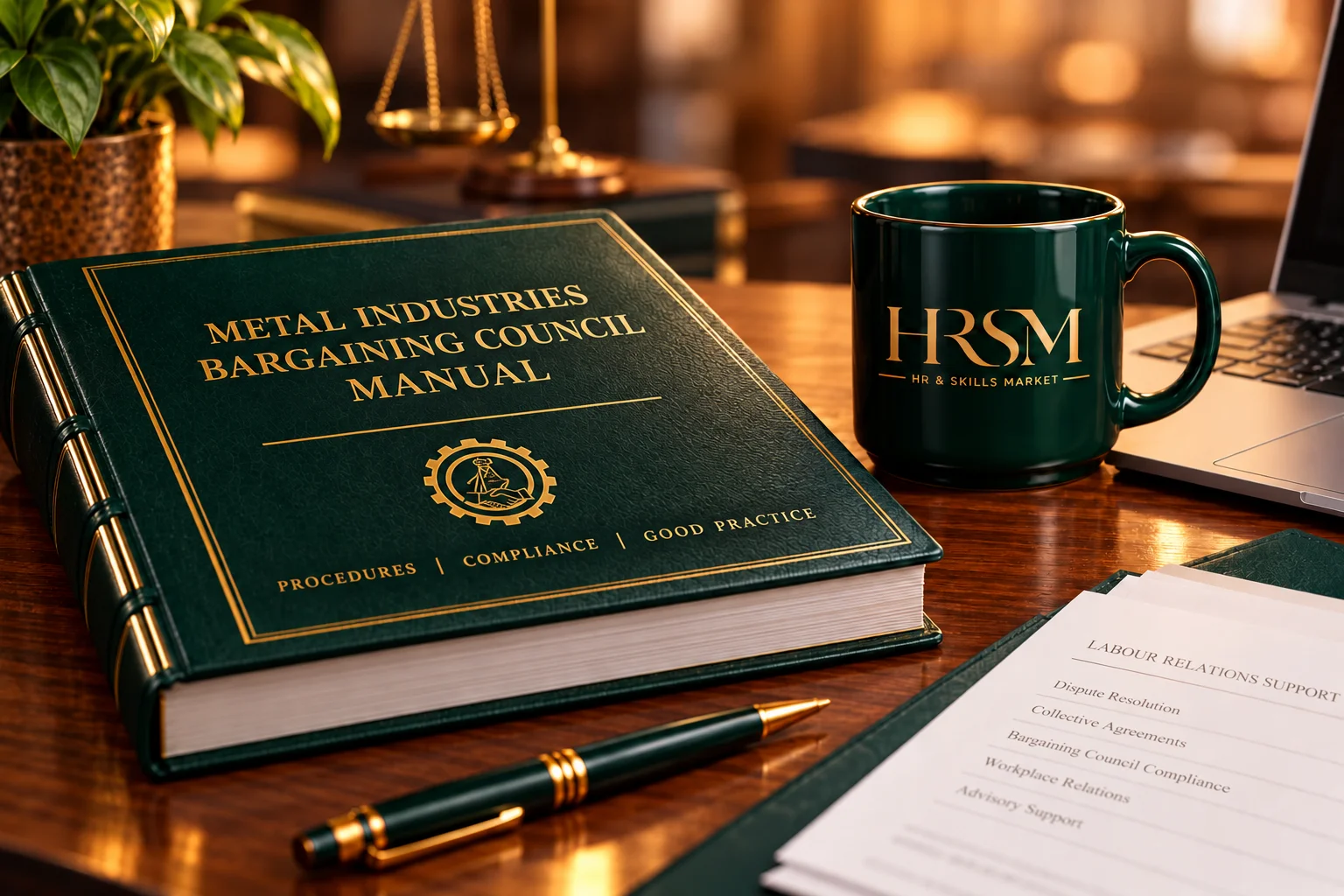 Labour relations support desk with HRSM mug and bargaining council manual