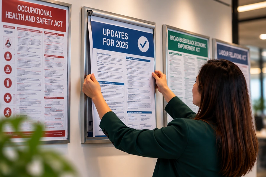 HR professional updating a workplace legislative poster display