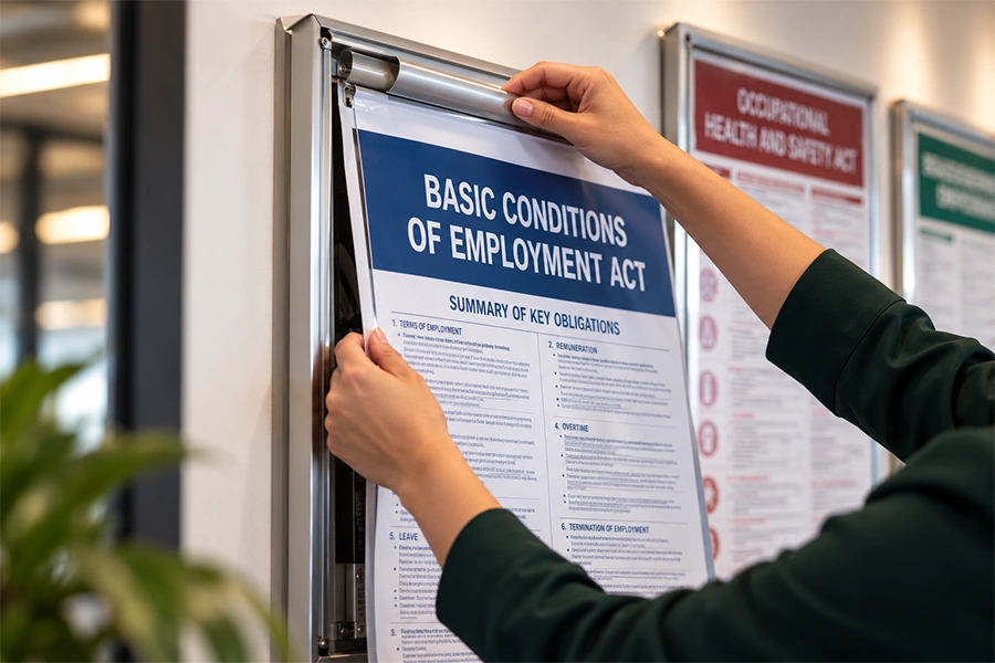 Hands replacing a workplace legislative poster in a clip-in frame