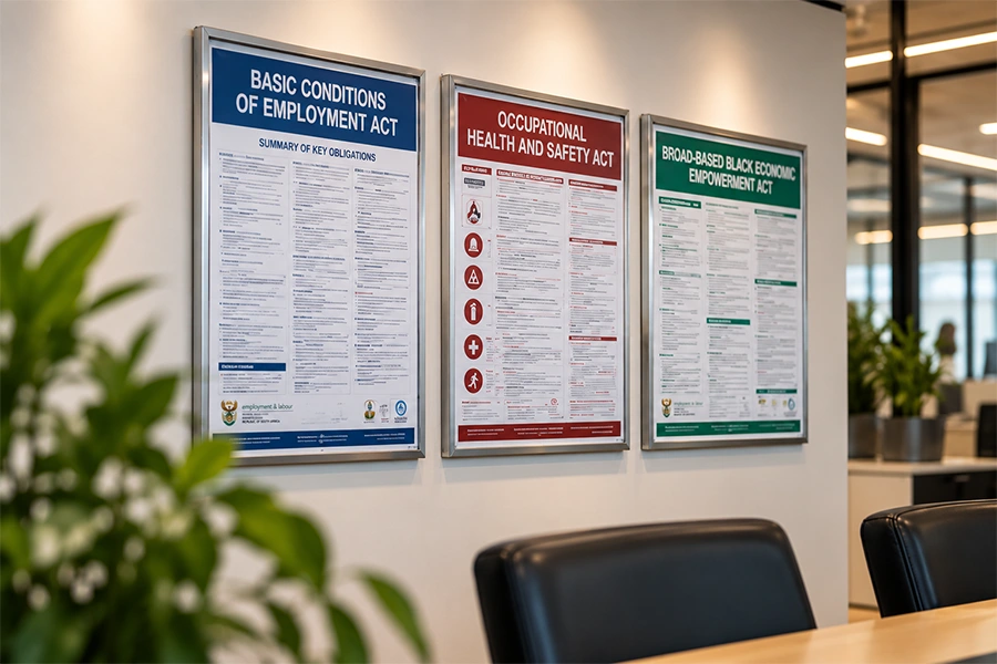 South African workplace legislative posters displayed in professional frames