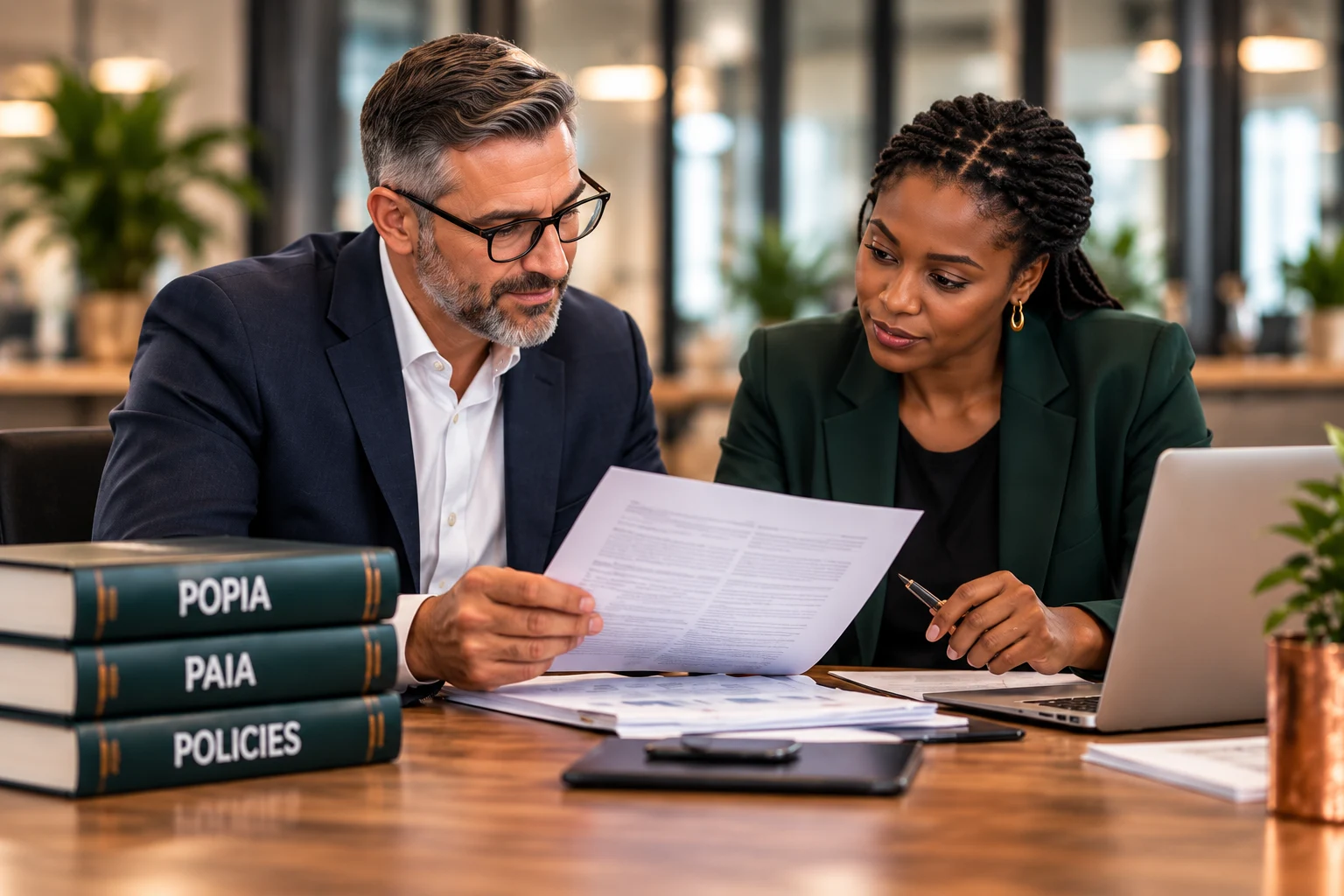 HR consultants reviewing POPIA and PAIA compliance documentation and policies