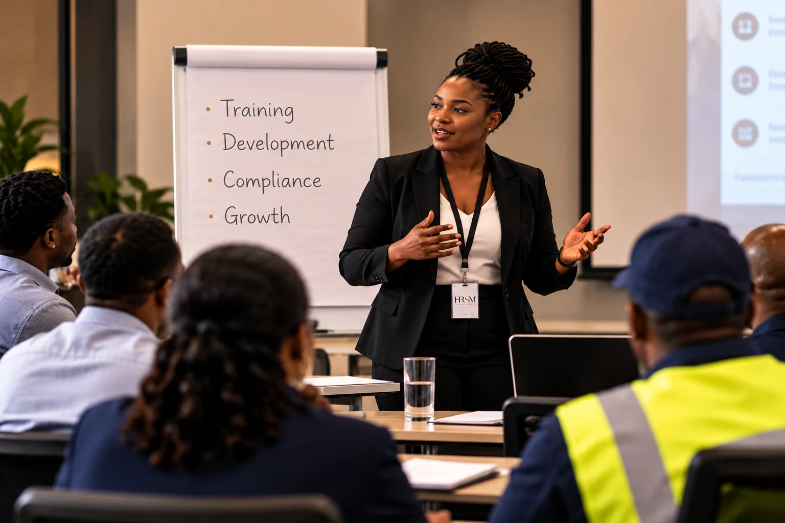 Skills development facilitator presenting training to employees in a workplace session